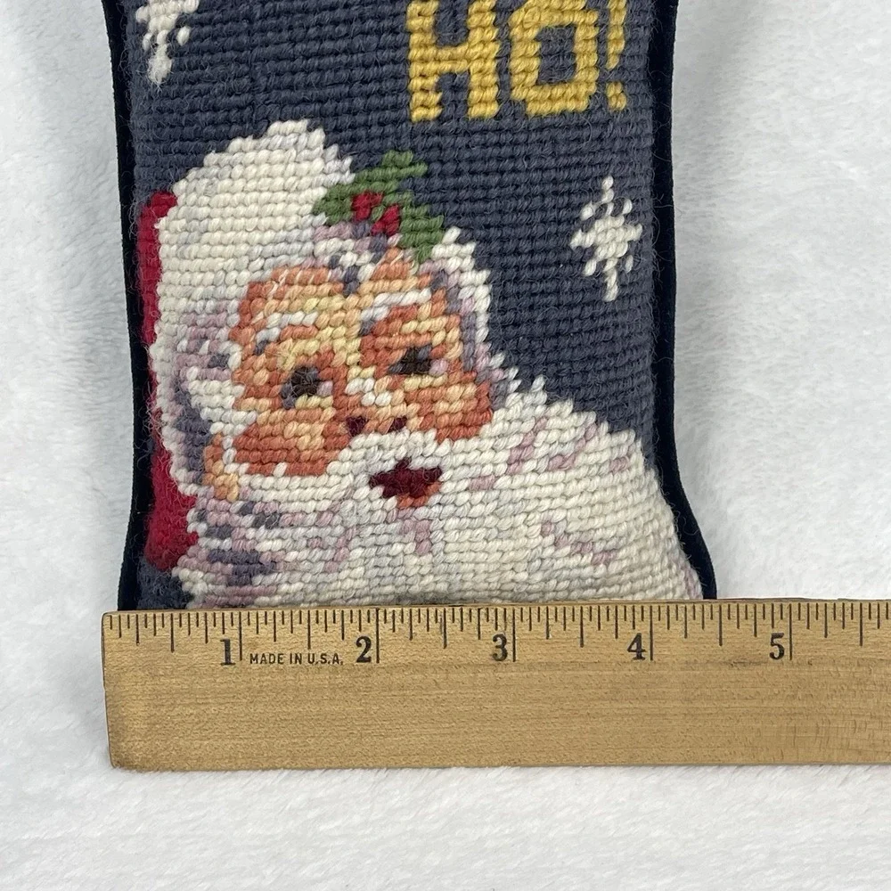 Vintage Needlepoint Santa Ho Ho Ho Door Hanger Pillow Blue Velvet Christmas